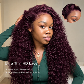 Deep Wave Wig with Natural Hairline Glueless HD Lace Human Hair Front Wig Pre Cut Lace 220% Density Rich Dark Plum Colored Wig