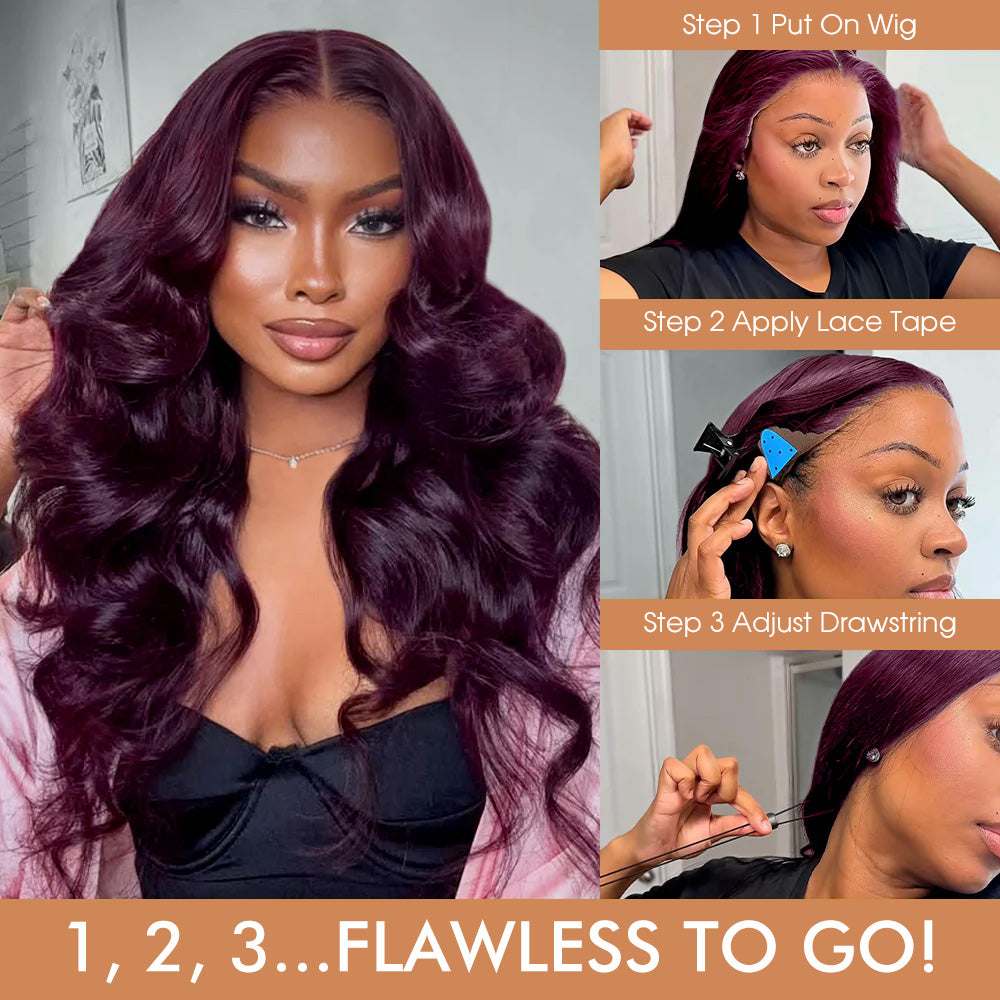 Rich Dark Plum Loose Body Wave Lace Frontal Wigs Human Hair Glueles Invisible HD Lace Wig Pre-Cut Lace