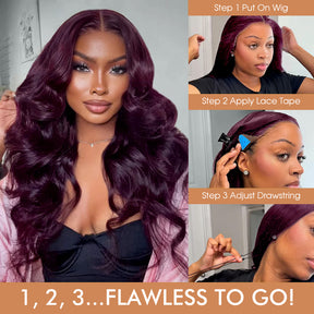 Rich Dark Plum Loose Body Wave Lace Frontal Wigs Human Hair Glueles Invisible HD Lace Wig Pre-Cut Lace
