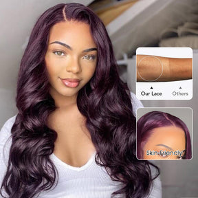 Rich Dark Plum Loose Body Wave Lace Frontal Wigs Human Hair Glueles Invisible HD Lace Wig Pre-Cut Lace