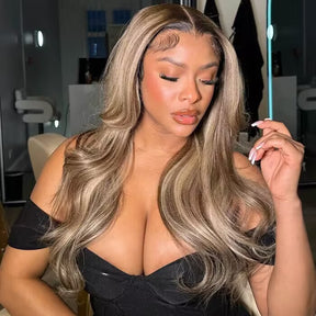 Body Wave Ash Brown Highlight Wig With Dark Roots Human Hair 5x5 13×4 13x6 HD Lace Frontal Wigs Pre Cut Lace