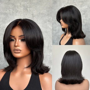 Face-Framing Sleek Swoop Bangs Layered Bob 8x5 Glueless Lace Human Hair Wig