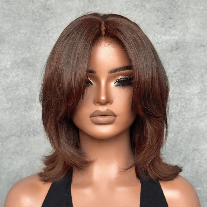 Face-Framing Sleek Swoop Bangs Layered Bob 8x5 Glueless Lace Human Hair Wig
