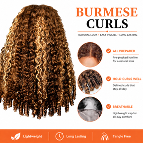 4/27 Highlight Color Burmese Curly Glueless Wig Pull Go 13x6 Full Lace Pre-Everything Wear Go Wig