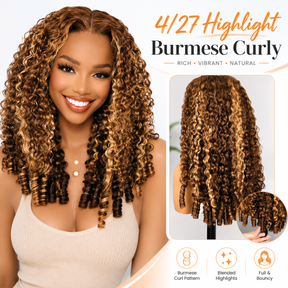 4/27 Highlight Color Burmese Curly Glueless Wig Pull Go 13x6 Full Lace Pre-Everything Wear Go Wig