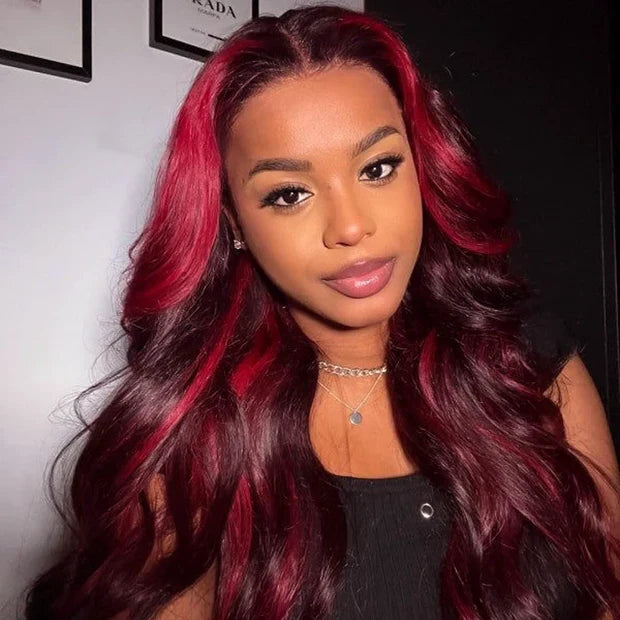 Highlight Red Mix Burgundy Human Hair Wig 13x6 Lace Front 8x5 Glueless Ready To Wear