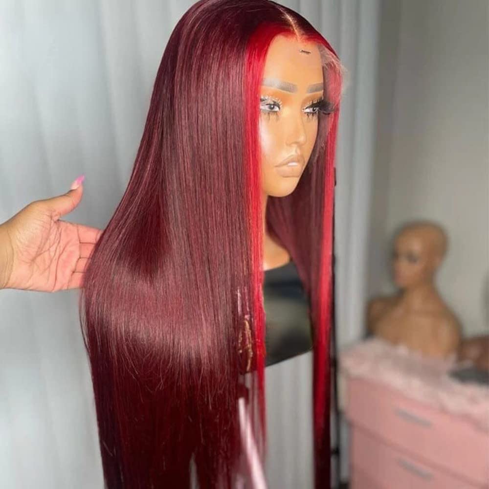 Highlight Red Mix Burgundy Human Hair Wig 13x6 Lace Front 8x5 Glueless Ready To Wear