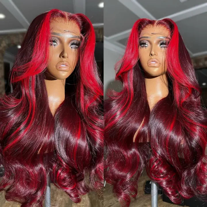 Highlight Red Mix Burgundy Human Hair Wig 13x6 Lace Front 8x5 Glueless Ready To Wear