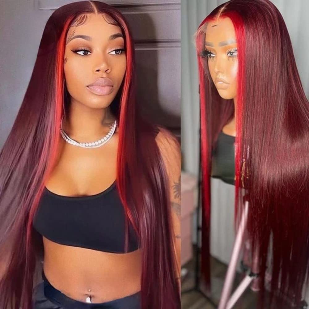 Highlight Red Mix Burgundy Human Hair Wig 13x6 Lace Front 8x5 Glueless Ready To Wear