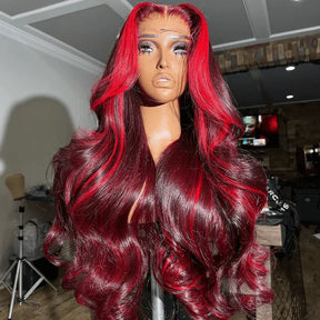 Highlight Red Mix Burgundy Human Hair Wig 13x6 Lace Front 8x5 Glueless Ready To Wear
