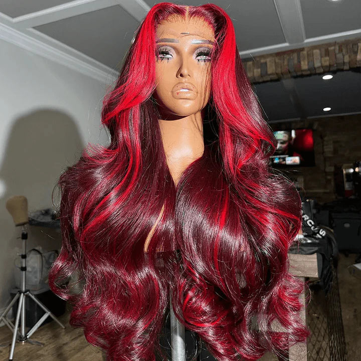 Highlight Red Mix Burgundy Human Hair Wig 13x6 Lace Front 8x5 Glueless Ready To Wear