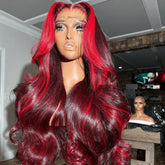 Highlight Red Mix Burgundy Human Hair Wig 13x6 Lace Front 8x5 Glueless Ready To Wear