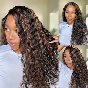 Balayage Honey Blonde Highlight Water Wave Pre-Cut 13x6 Lace Wig Glueless Human Hair Wig