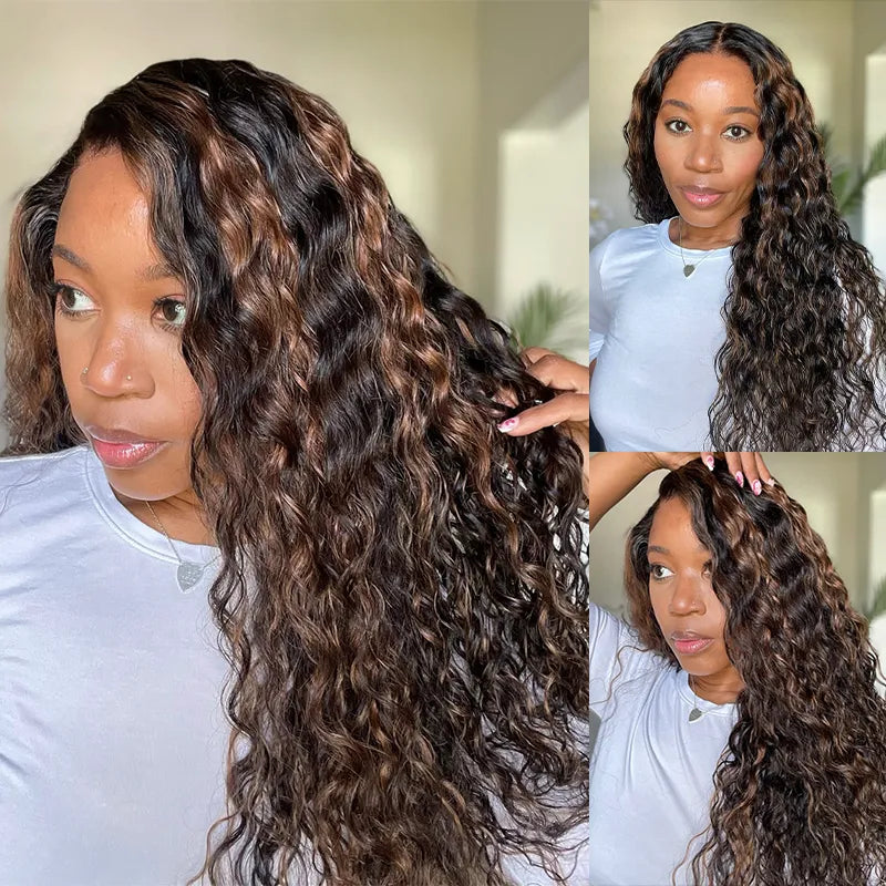 Balayage Honey Blonde Highlight Water Wave Pre-Cut 13x6 Lace Wig Glueless Human Hair Wig