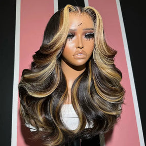 Blonde Highlight Loose Body Wave Wigs Glueless HD Lace Human Hair Wigs Pre-Cut Lace No Slip Wig