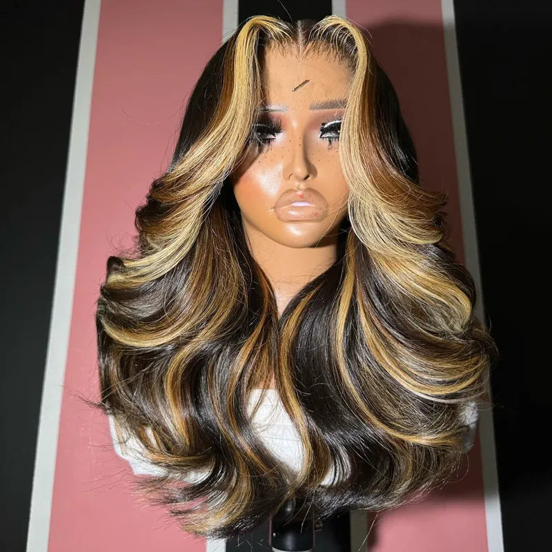 Blonde Highlight Loose Body Wave Wigs Glueless HD Lace Human Hair Wigs Pre-Cut Lace No Slip Wig