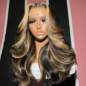 Blonde Highlight Loose Body Wave Wigs Glueless HD Lace Human Hair Wigs Pre-Cut Lace No Slip Wig