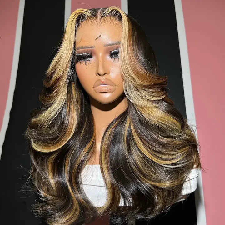 Blonde Highlight Loose Body Wave Wigs Glueless HD Lace Human Hair Wigs Pre-Cut Lace No Slip Wig
