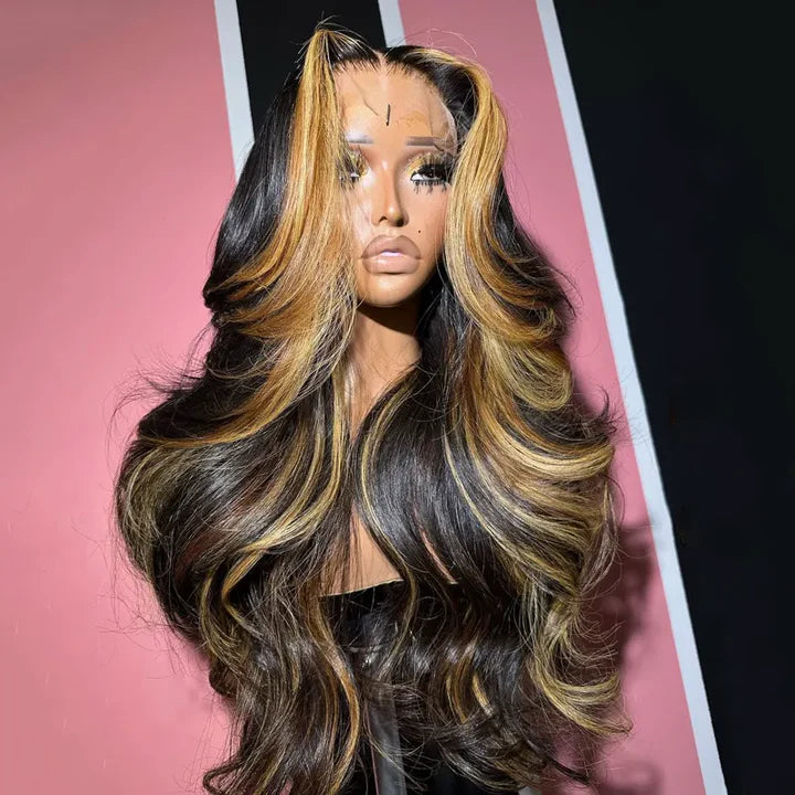 Blonde Highlight Loose Body Wave Wigs Glueless HD Lace Human Hair Wigs Pre-Cut Lace No Slip Wig