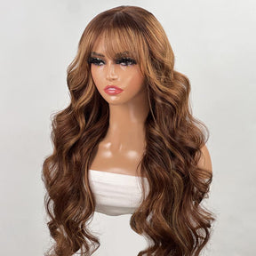 Honey Blonde Balayage Highlights Fluffy Natural Loose Wave Wispy Bangs Glueless 13x6 Pre-Cut Drawstring