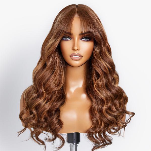Honey Blonde Balayage Highlights Fluffy Natural Loose Wave Wispy Bangs Glueless 13x6 Pre-Cut Drawstring