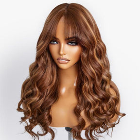 Honey Blonde Balayage Highlights Fluffy Natural Loose Wave Wispy Bangs Glueless 13x6 Pre-Cut Drawstring