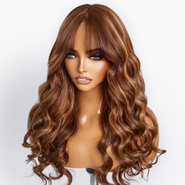 Honey Blonde Balayage Highlights Fluffy Natural Loose Wave Wispy Bangs Glueless 13x6 Pre-Cut Drawstring