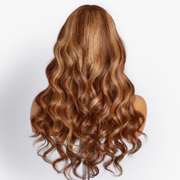 Honey Blonde Balayage Highlights Fluffy Natural Loose Wave Wispy Bangs Glueless 13x6 Pre-Cut Drawstring