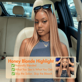 Honey Blonde Highlight 220% Density Silky Straight 5x5 Pre Cut Lace Wig With Invisi Drawstring
