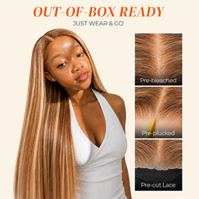 Honey Blonde Highlight 220% Density Silky Straight 5x5 Pre Cut Lace Wig With Invisi Drawstring