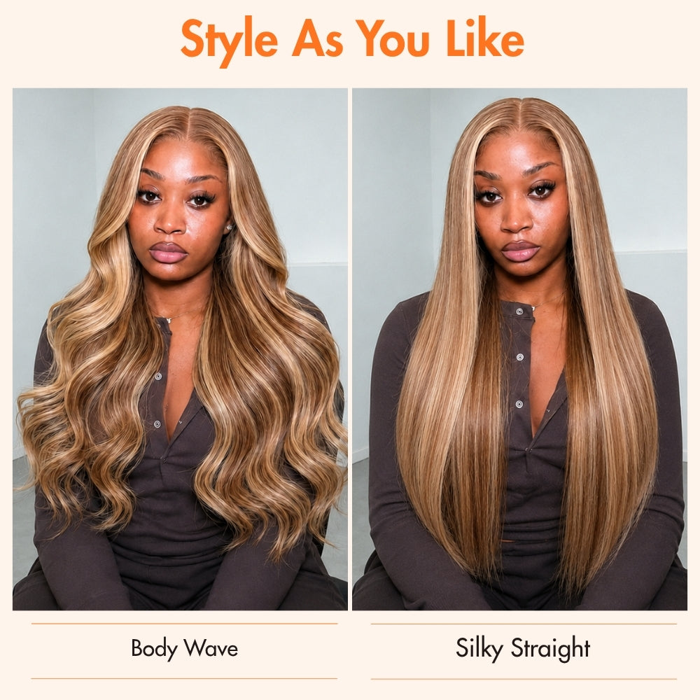 Honey Blonde Highlight 220% Density Silky Straight 5x5 Pre Cut Lace Wig With Invisi Drawstring