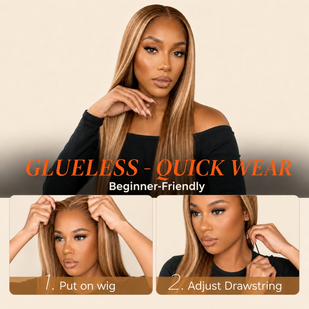 Honey Blonde Highlight 220% Density Silky Straight 5x5 Pre Cut Lace Wig With Invisi Drawstring