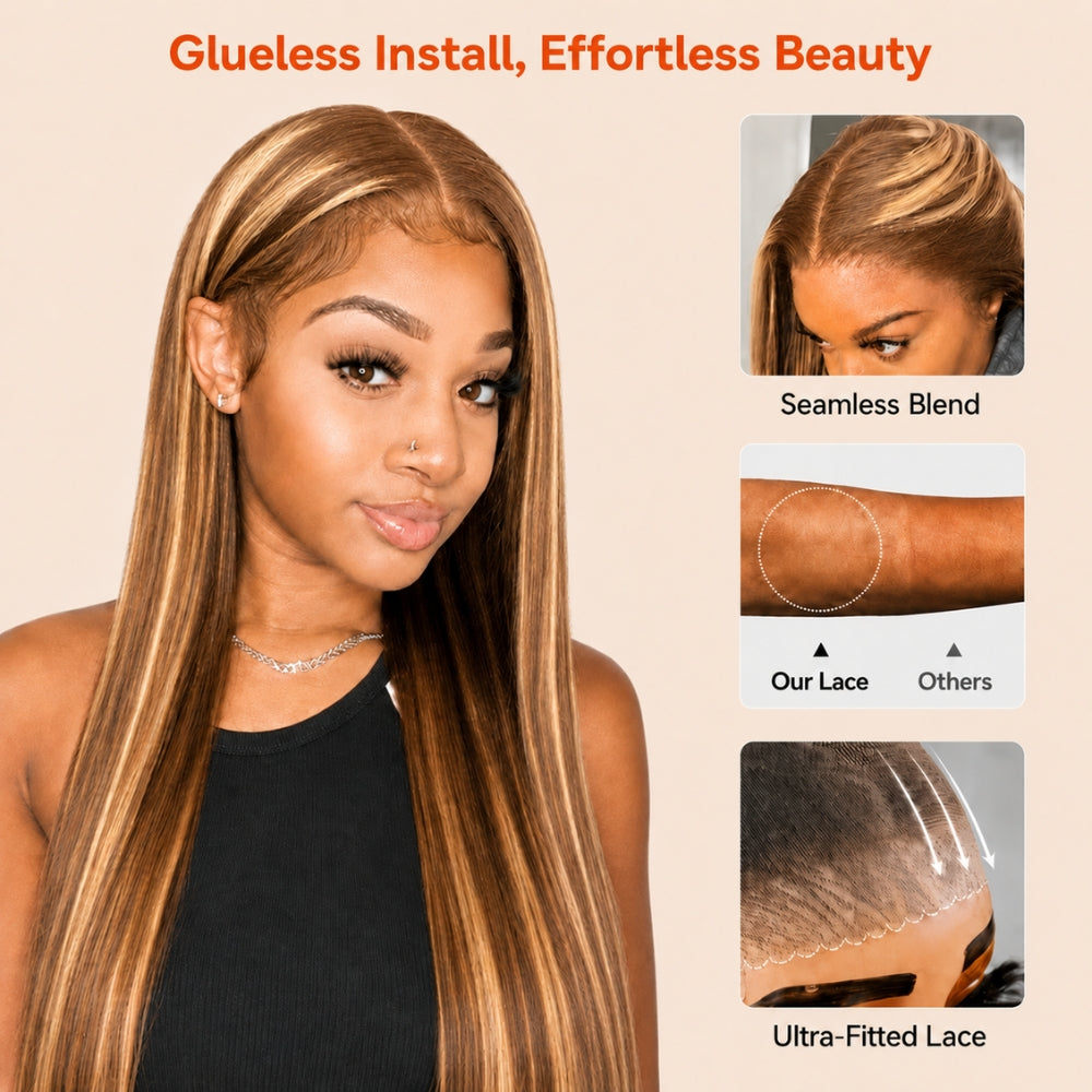Honey Blonde Highlight 220% Density Silky Straight 5x5 Pre Cut Lace Wig With Invisi Drawstring