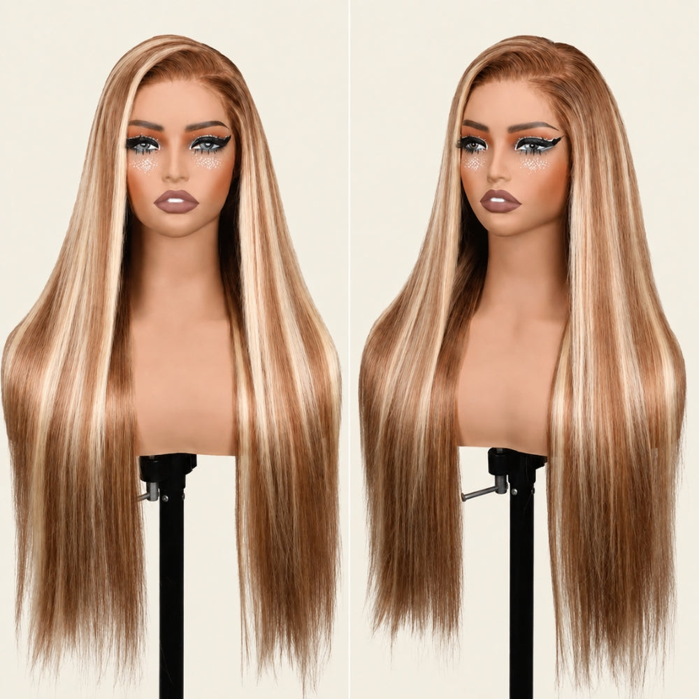 Honey Blonde Highlight 220% Density Silky Straight 5x5 Pre Cut Lace Wig With Invisi Drawstring