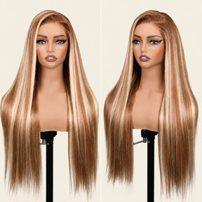 Honey Blonde Highlight 220% Density Silky Straight 5x5 Pre Cut Lace Wig With Invisi Drawstring