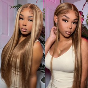 Honey Blonde Highlight 220% Density Silky Straight 5x5 Pre Cut Lace Wig With Invisi Drawstring