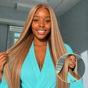 Honey Blonde Highlight 220% Density Silky Straight 5x5 Pre Cut Lace Wig With Invisi Drawstring