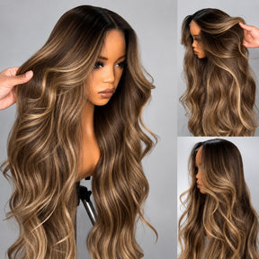 Honey Blonde Mix Brown Highlight Body Wave Glueless 13x4 HD Transparent Lace Front Human Hair Wig Pre‑Plucked Pre‑Cut Lace