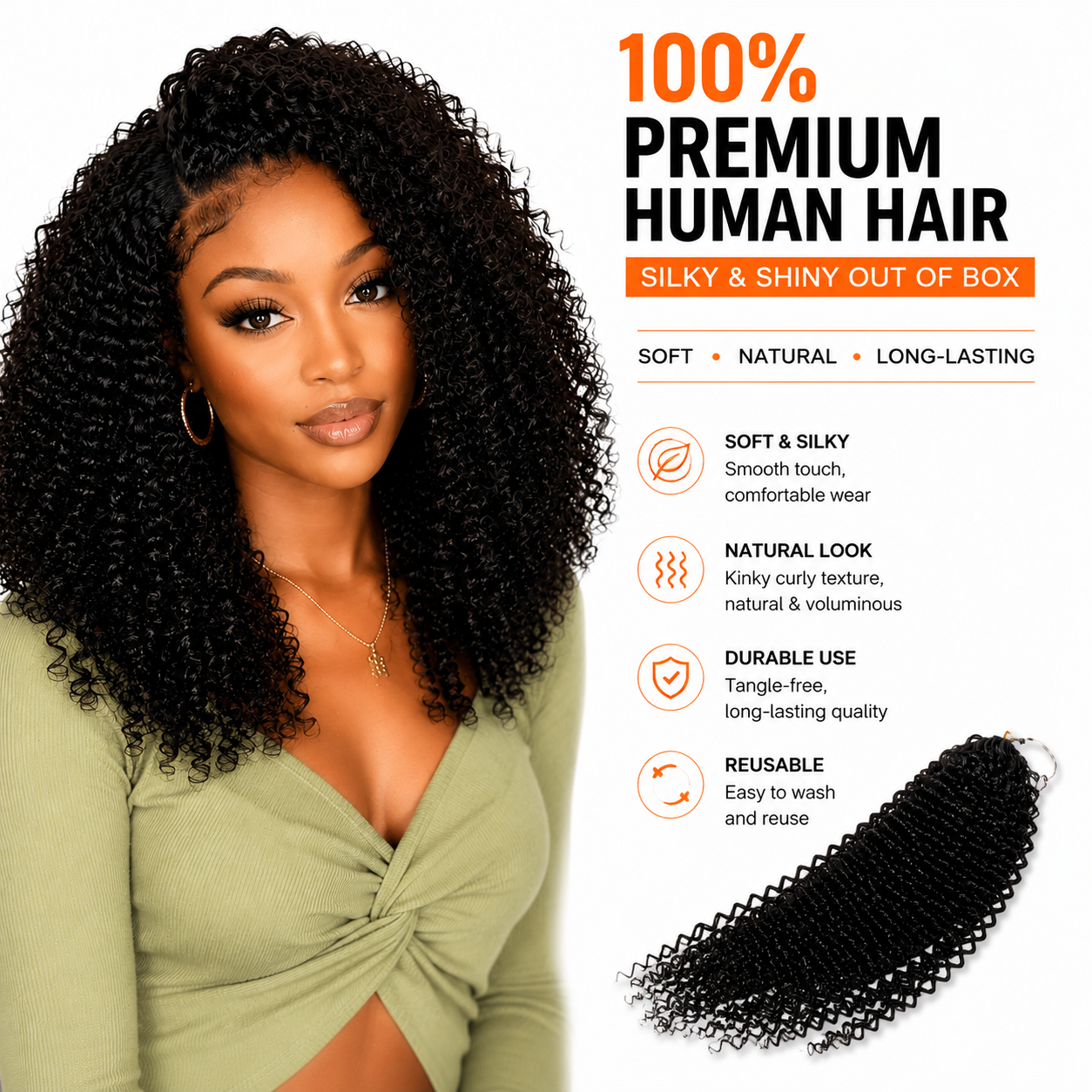 Reusable Upgraded Kinky Curly Feather Crochet Hair 100% Human Hair Natural Texture Crochet Hair