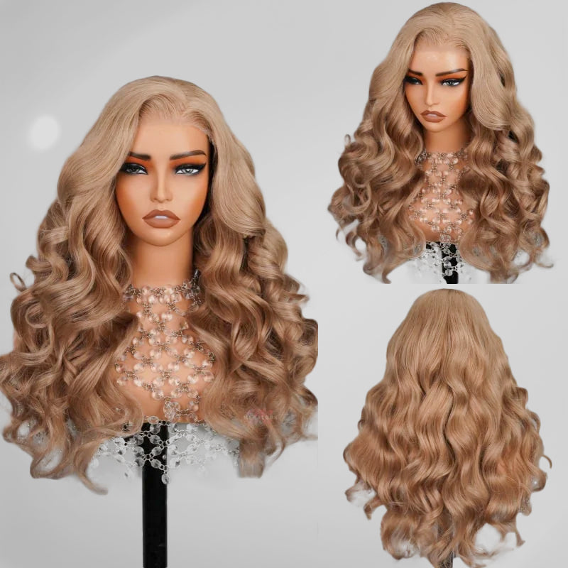 Pizazz Hair 13x4 Lace Front Wig Light Flaxen Brown Cozy Blonde Body Wave Human Hair Wigs