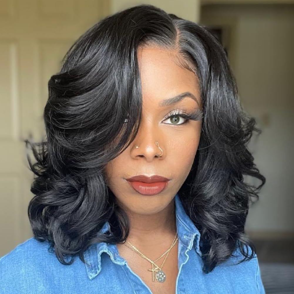 Glueless Layered Loose Body Wave Bob Wigs Pre Cut Lace Front Wig 12A Grade Short Cut Style