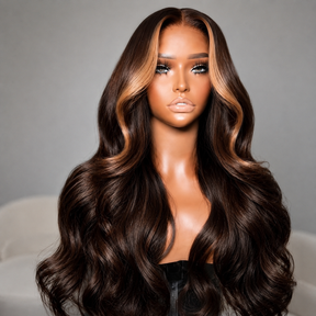 Money Piece Highlight Brown Wigs 220% Density 12A Premium Glueless Human Hair Wigs