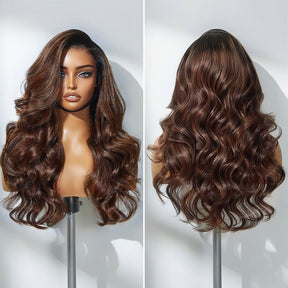 Ombre Brown With Dark Roots Loose Wave Layered Cut C-Side Part Glueless Wig 13x6 Pre-Cut Lace Human Hair Wig