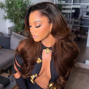 Ombre Brown With Dark Roots Loose Wave Layered Cut C-Side Part Glueless Wig 13x6 Pre-Cut Lace Human Hair Wig