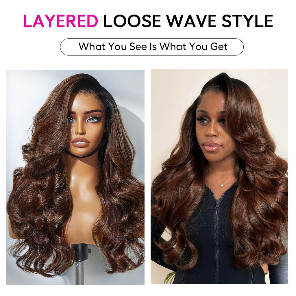 Ombre Brown With Dark Roots Loose Wave Layered Cut C-Side Part Glueless Wig 13x6 Pre-Cut Lace Human Hair Wig