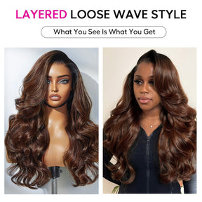 Ombre Brown With Dark Roots Loose Wave Layered Cut C-Side Part Glueless Wig 13x6 Pre-Cut Lace Human Hair Wig
