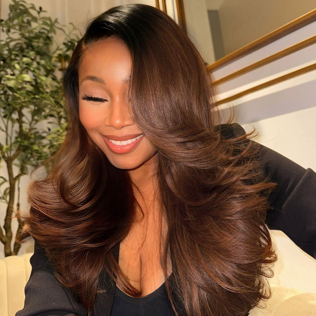 Ombre Brown With Dark Roots Loose Wave Layered Cut C-Side Part Glueless Wig 13x6 Pre-Cut Lace Human Hair Wig