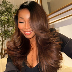 Ombre Brown With Dark Roots Loose Wave Layered Cut C-Side Part Glueless Wig 13x6 Pre-Cut Lace Human Hair Wig