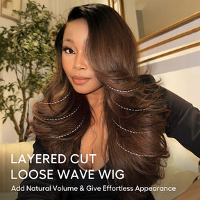Ombre Brown With Dark Roots Loose Wave Layered Cut C-Side Part Glueless Wig 13x6 Pre-Cut Lace Human Hair Wig