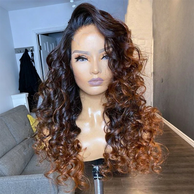 Ombre Brown Color Loose Wave Lace Frontal Wig With Pre Plucked Hairline Glueless Pre Cut HD Lace Human Hair Wigs For Women